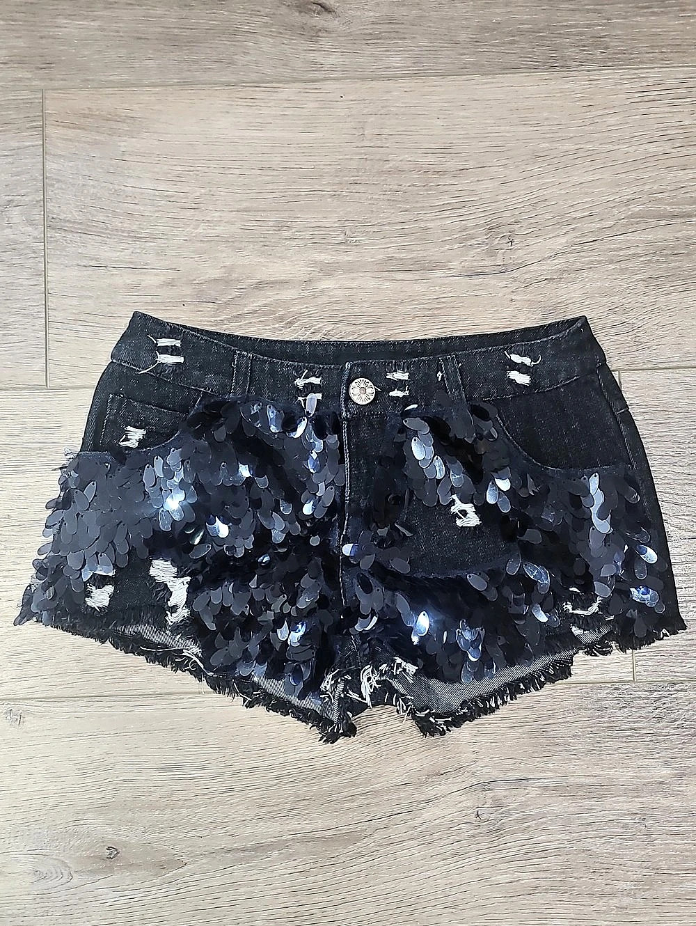 English Rose Sequin Denim Shorts in Black Size Small